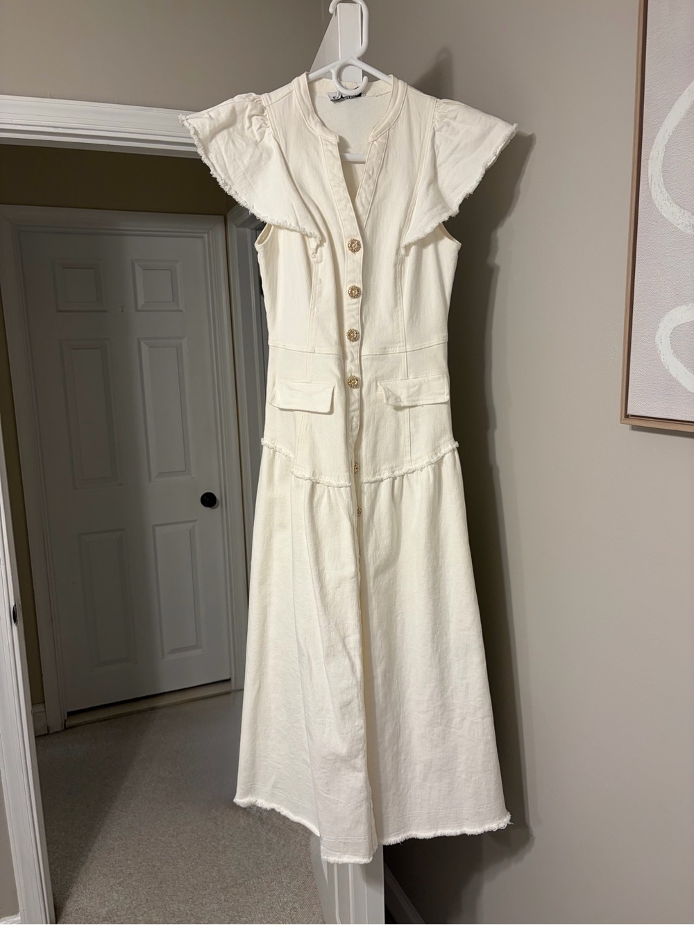 En Saison Cream Buttoned Midi Dress with Flutter Sleeves